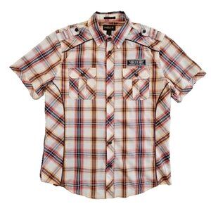 Helix Short Sleeve Button-Up Shirt Men's Large Athletic Fit Embroidery EUC AN